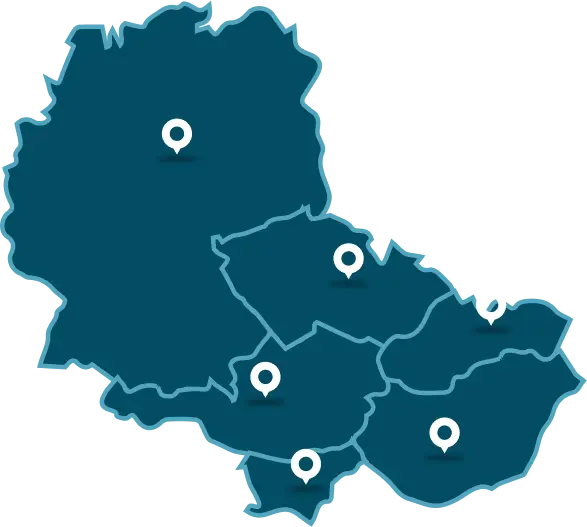 Karte der Niederlassungen: Österreich, Deutschland, Tschechien, Ungarn, Slowakei.